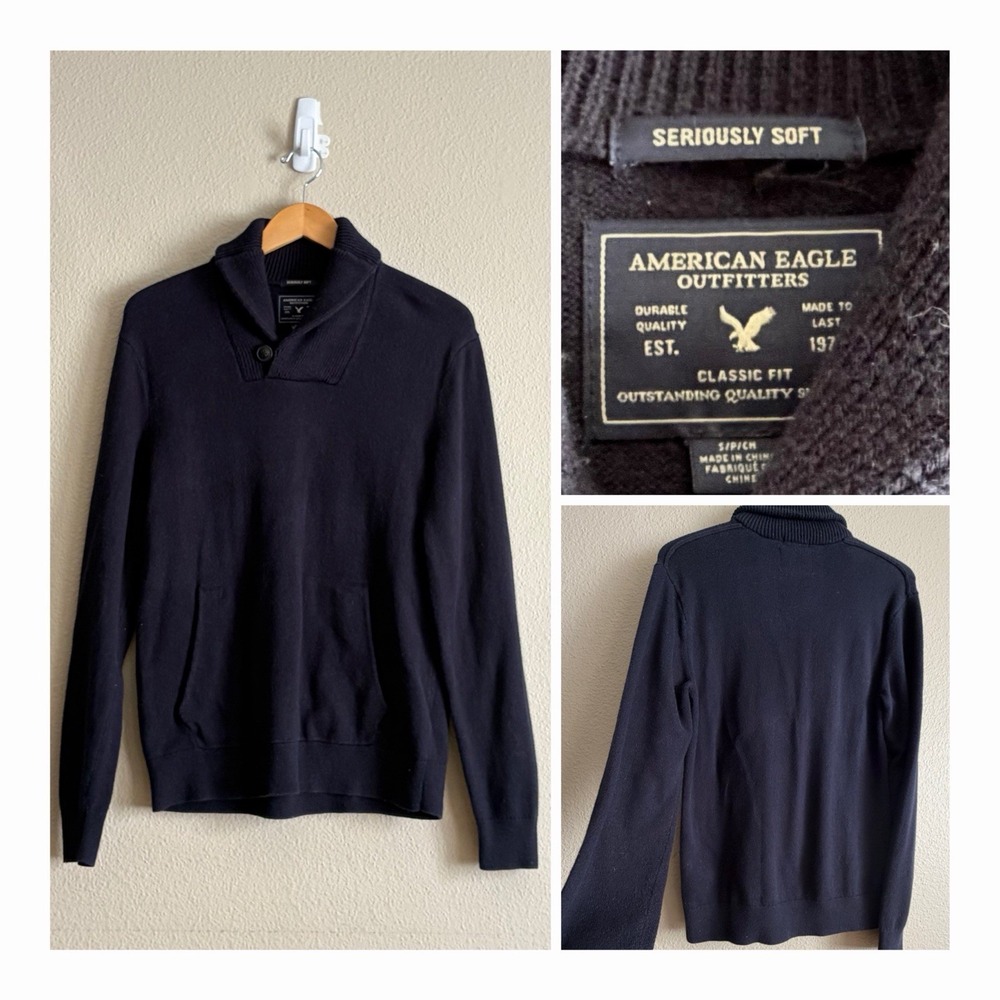 American Eagle Seriously Soft Mens Shawl Collar Sweater Black Wool Blend S